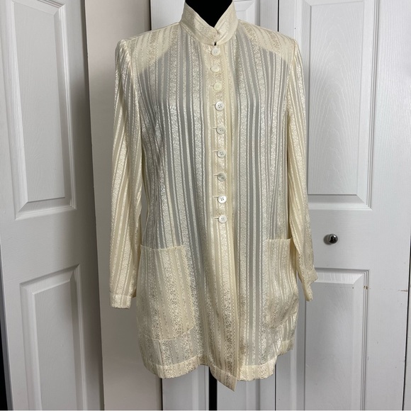 NWT ESCADA Mondi 100% Silk Crean Long Button Front Striped Light Jacket Sz 40/M